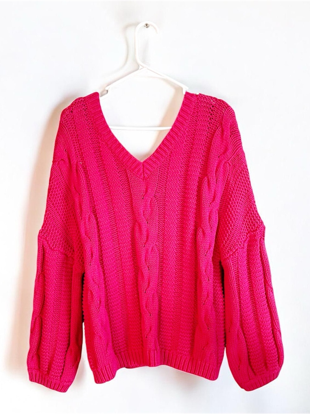 Cozy Bright Pink Chunky Cable Knit V-Neck Fisherman Sweater